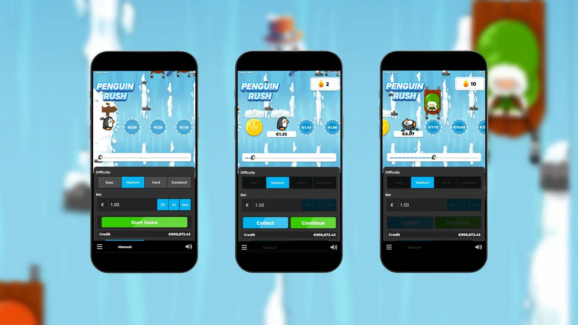 Interfaz de Penguin Rush en la app móvil de 1win